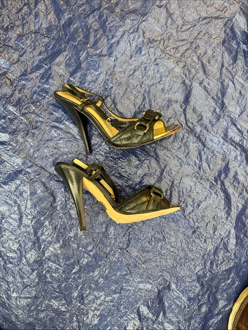 bebe Black and Gold Strappy Buckle Heels
